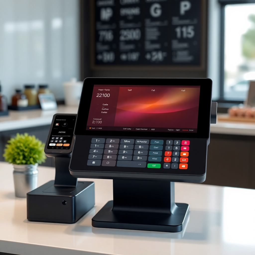 modern POS system interface with touchscreen and payment processing, clean UI design