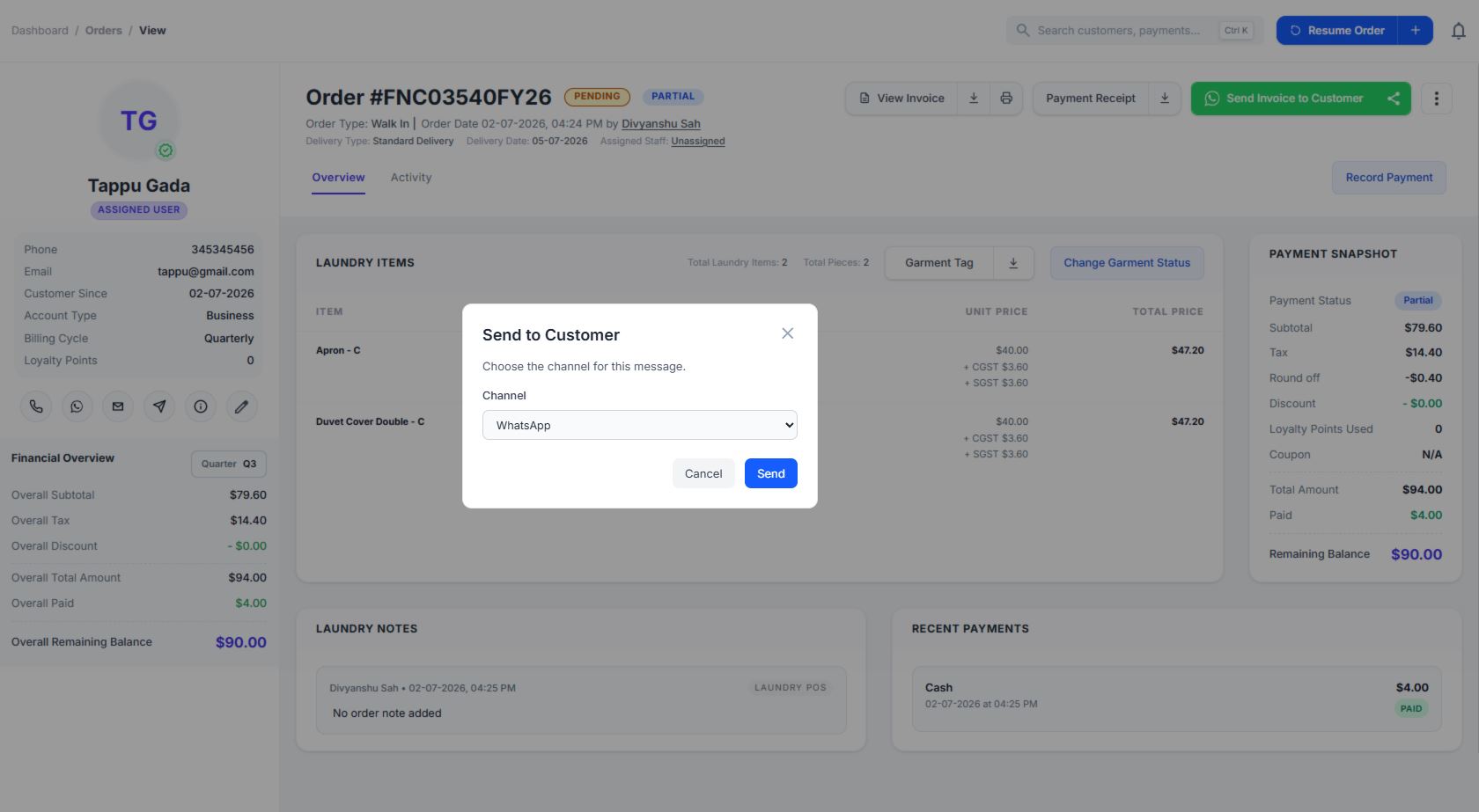 Ezer Laundry customer notification and order status screen