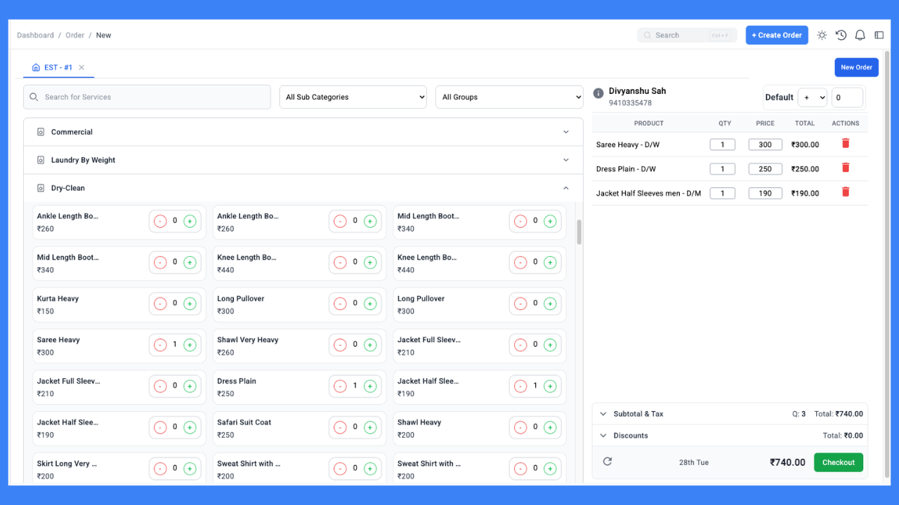 laundry POS system billing screen with customer details and garment list, professional UI