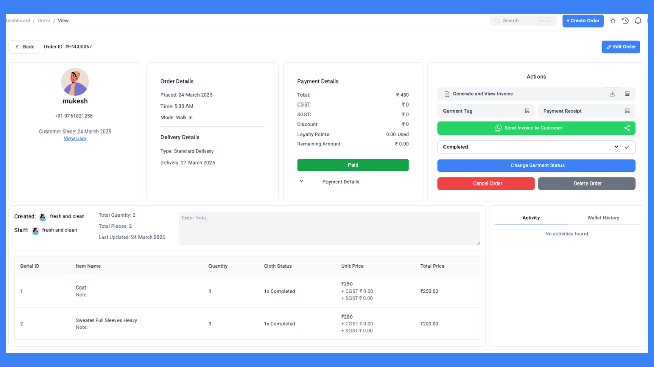 laundry POS system inventory tracking screen with garment status updates, professional UI