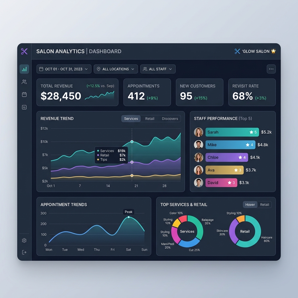 salon POS system analytics dashboard with revenue staff performance and appointment trends, professional UI