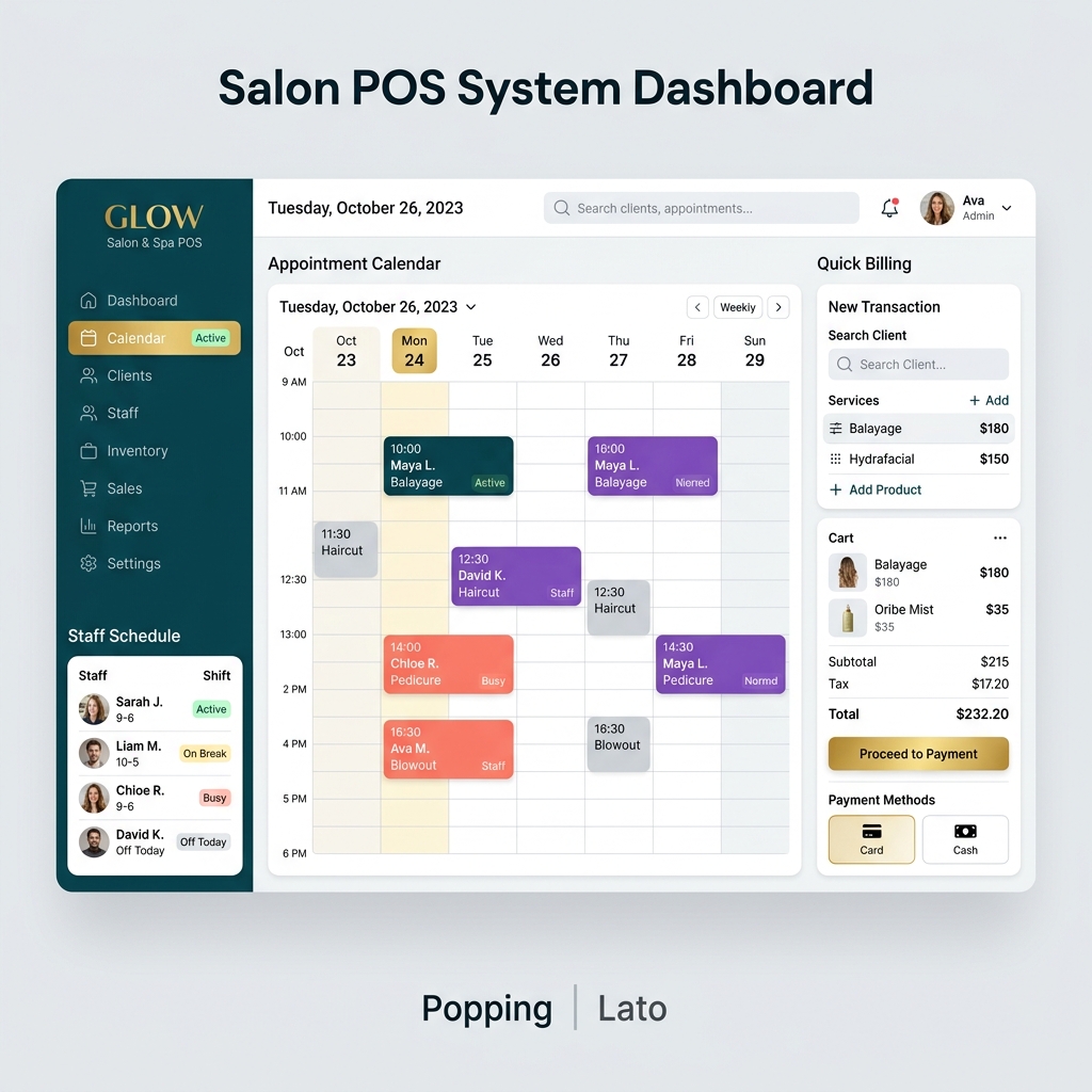 Salon POS system dashboard showing appointments billing and staff management interface